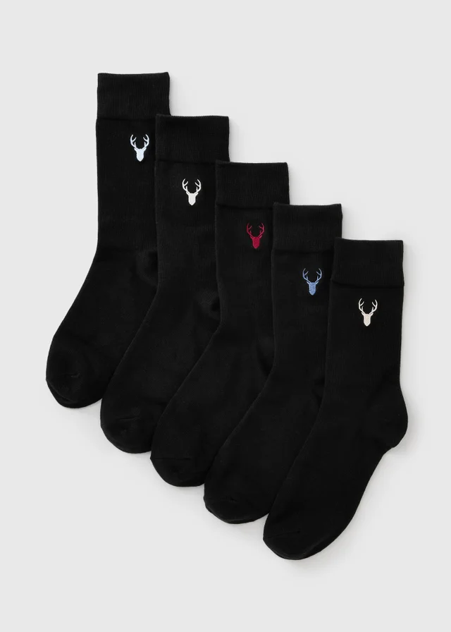 5 Pack Black Stag Embroidered Ankle Socks