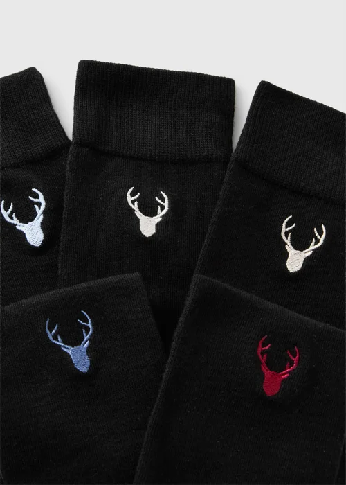 5 Pack Black Stag Embroidered Ankle Socks - 6-8.5 Image 2