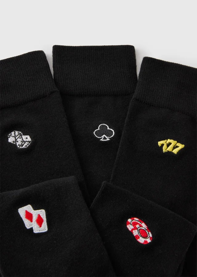 5 Pack Black Casino Embroidered Ankle Socks