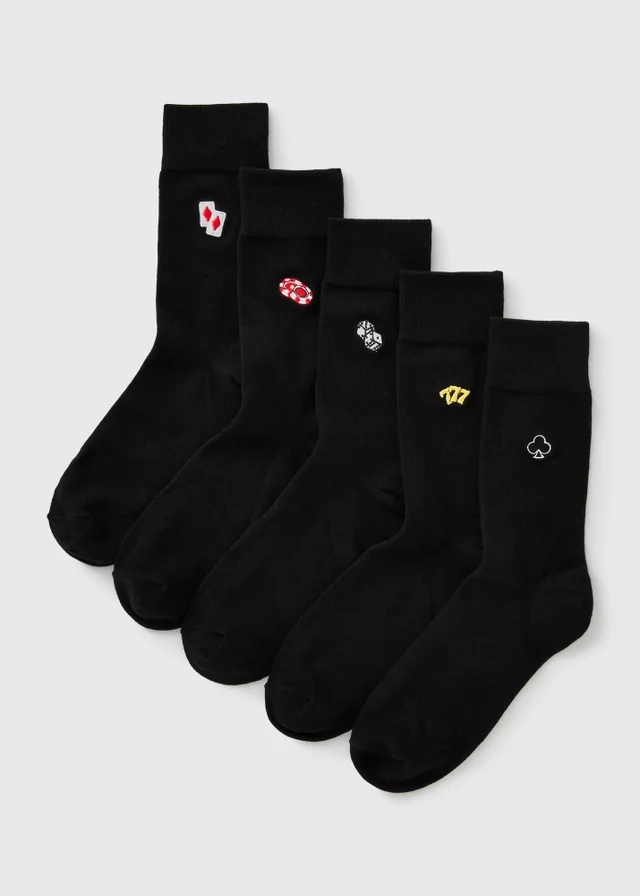 5 Pack Black Casino Embroidered Ankle Socks