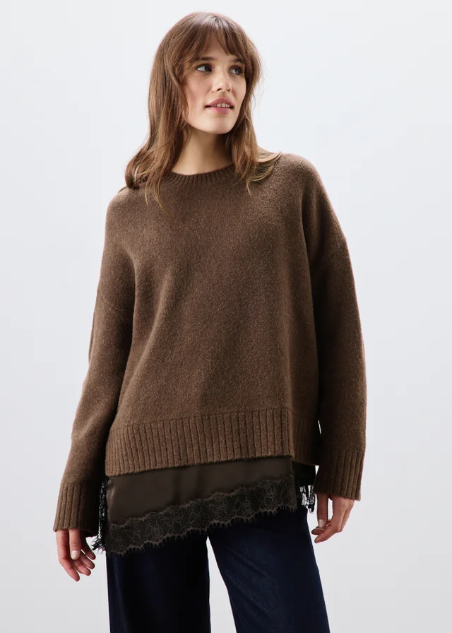 Chocolate Brown Lace Hem Knitted Jumper