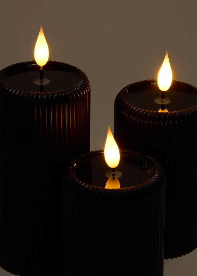 3 Pack Black Ribbed LED Candles