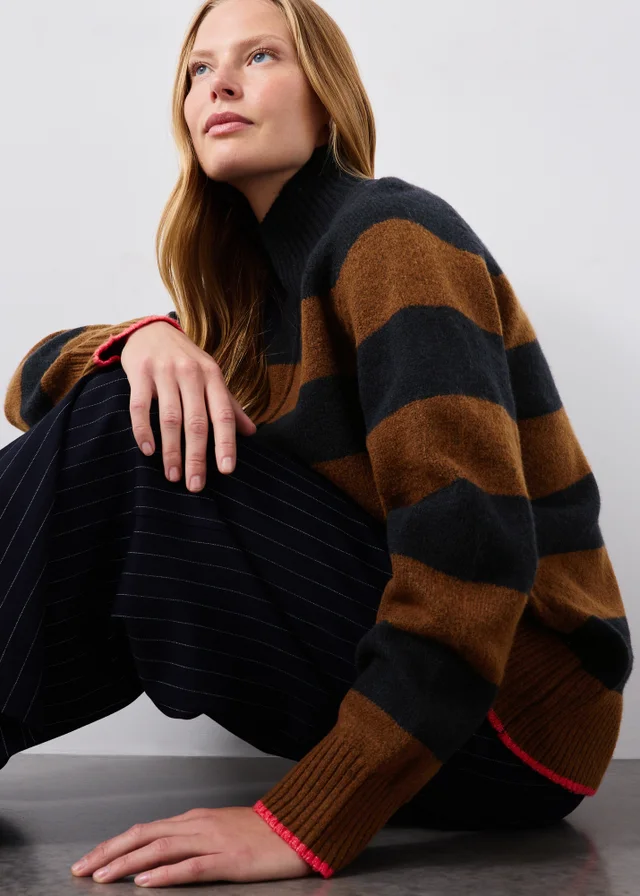 Navy/Camel Striped Funnel Neck Jumper