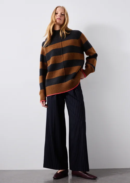Navy/Camel Striped Funnel Neck Jumper - XS Image 4