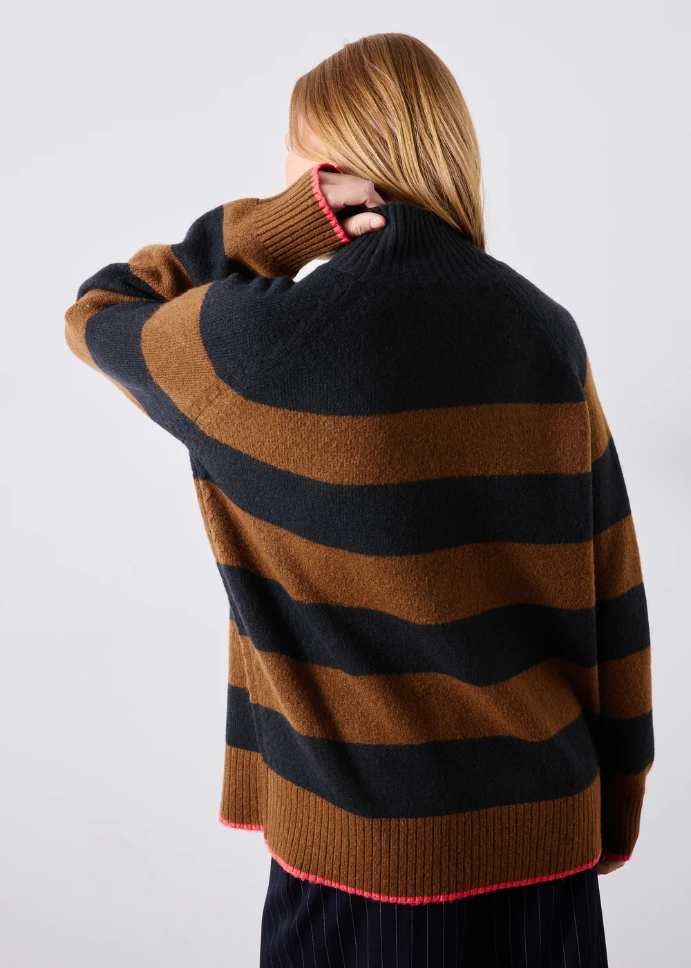 Navy/Camel Striped Funnel Neck Jumper - XS Image 2