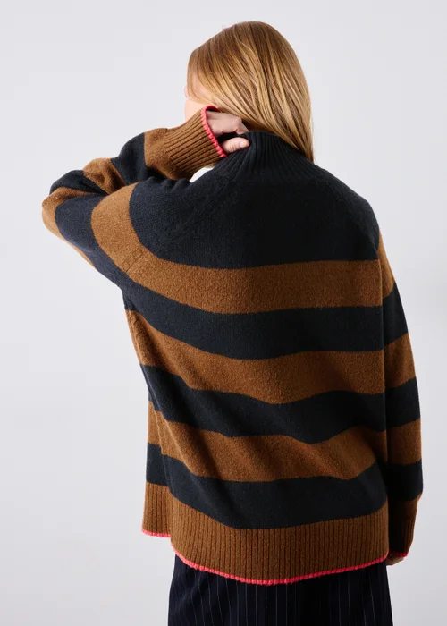 Navy/Camel Striped Funnel Neck Jumper - XS Image 2