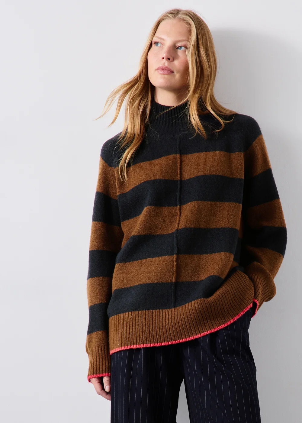 Navy/Camel Striped Funnel Neck Jumper - XS Image 3