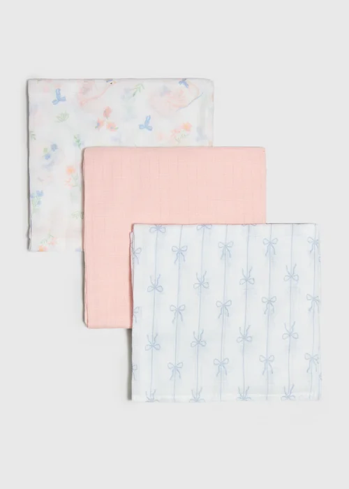 3 Pack Baby Pink Patterned Muslin Cloths - One Size Image 2