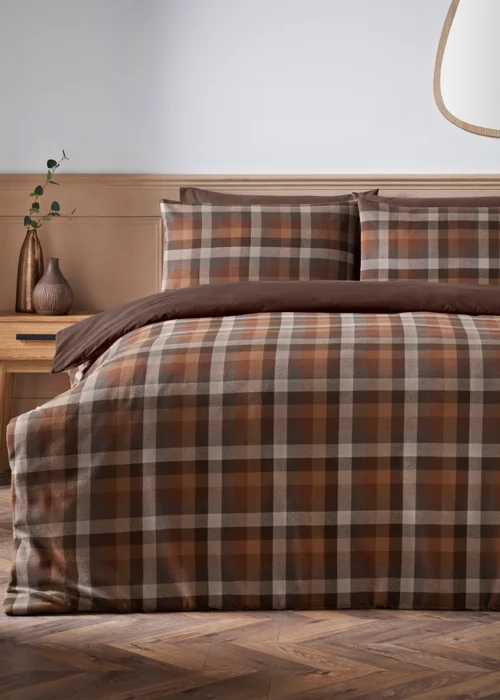 Orange Check Brushed Cotton Duvet Set - Double Image 1