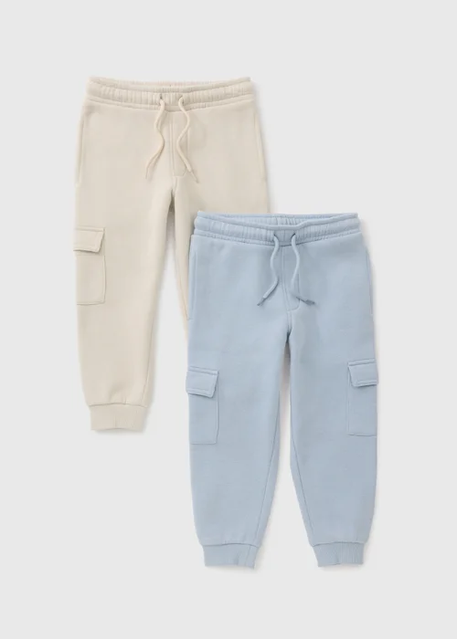 2 Pack Boys Blue & Stone Cargo Jogging Bottoms (1-8yrs) - 1-1.5 Yrs Image 1