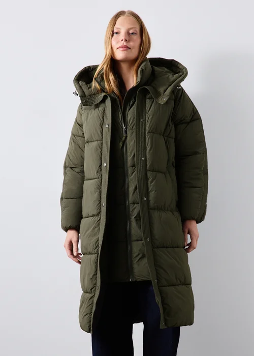 Olive Long Padded Hooded Coat - S Image 1