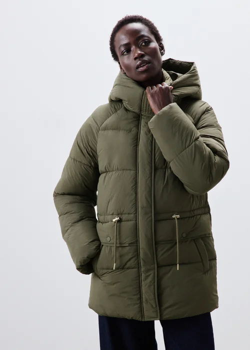 Olive Mid Length Padded Hooded Coat - S Image 4