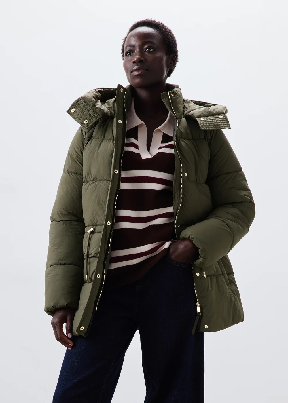 Olive Mid Length Padded Hooded Coat - S Image 1