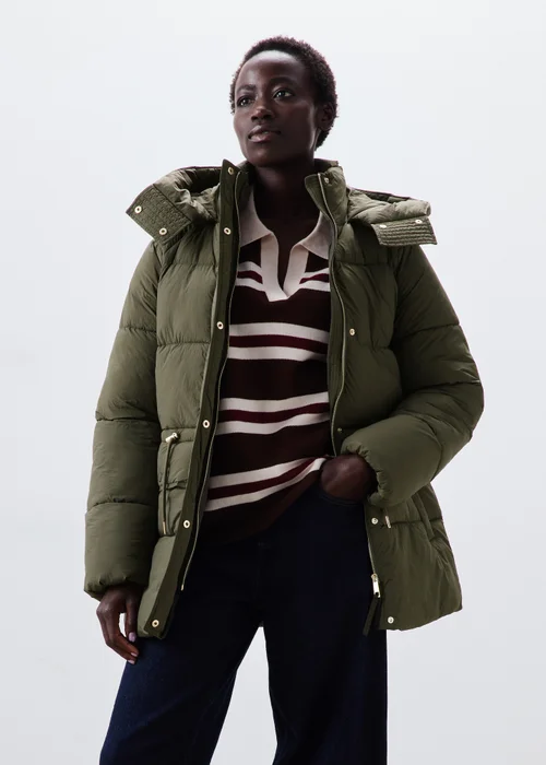 Olive Mid Length Padded Hooded Coat - S Image 1