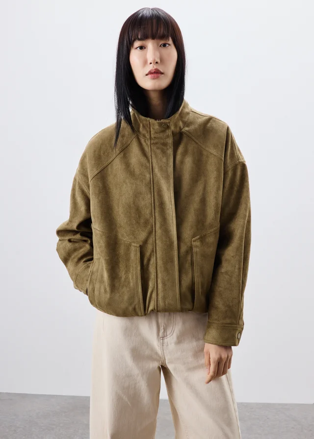 Khaki Suedette Funnel Neck Bomber Jacket