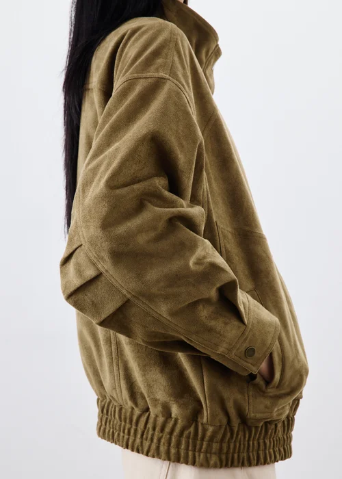 Khaki Suedette Funnel Neck Bomber Jacket - 8 Image 2