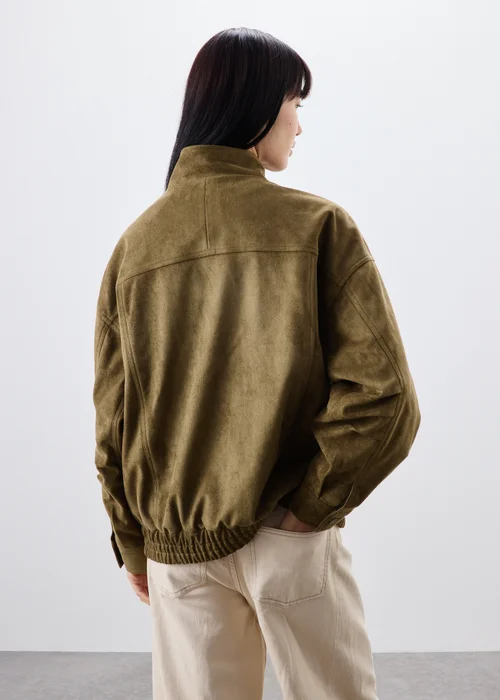 Khaki Suedette Funnel Neck Bomber Jacket - 8 Image 3