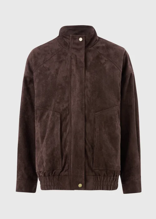 Chocolate Brown Suedette Funnel Neck Bomber Jacket - 8 Image 5