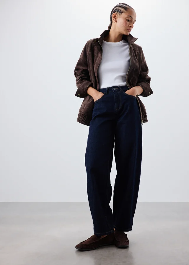 Chocolate Brown Suedette Funnel Neck Bomber Jacket