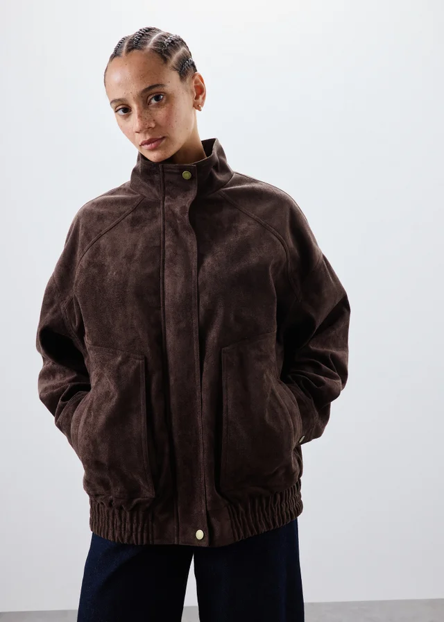 Chocolate Brown Suedette Funnel Neck Bomber Jacket