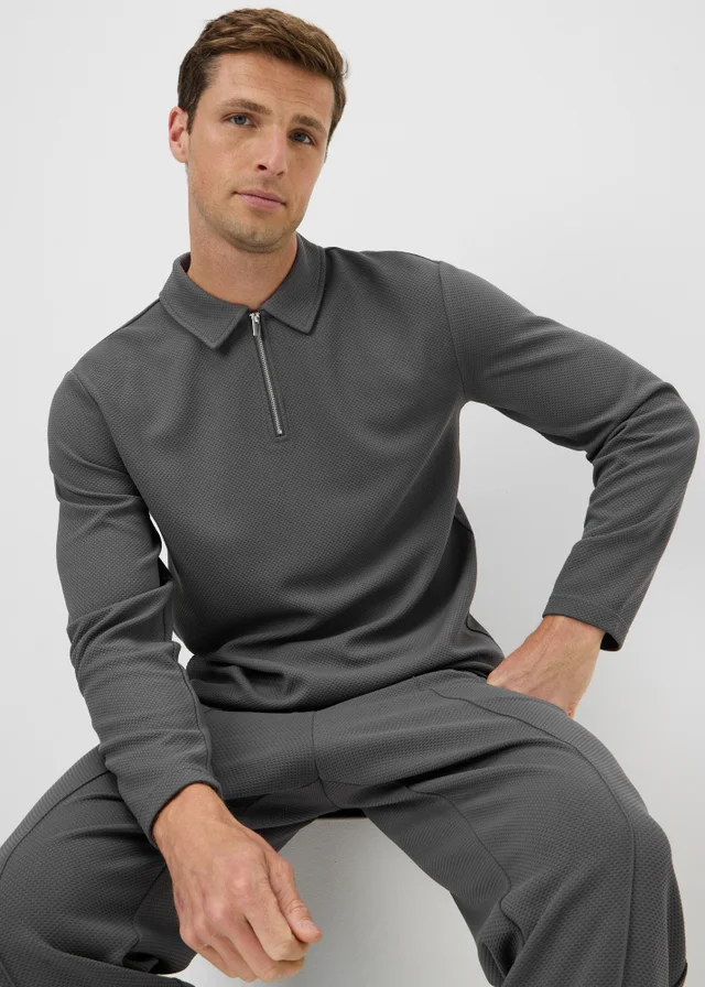 Dark Grey Jacquard Smart Long Sleeve Co Ord Polo Shirt