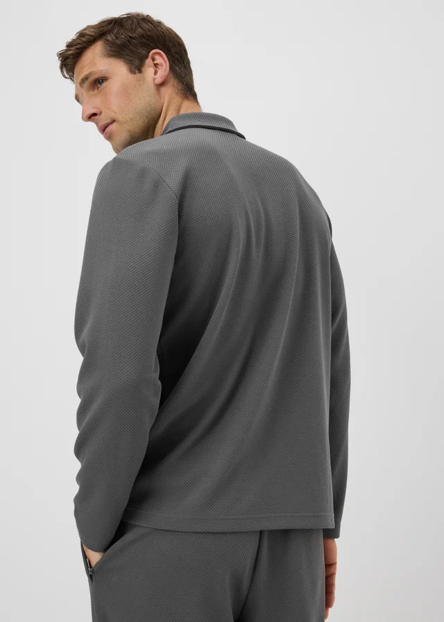 Dark Grey Jacquard Smart Long Sleeve Co Ord Polo Shirt