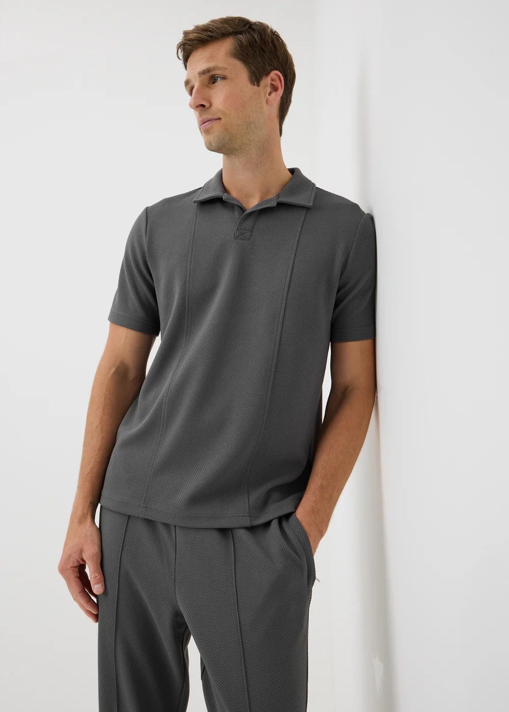 Dark Grey Jacquard Smart Co Ord Polo Shirt - S Image 2