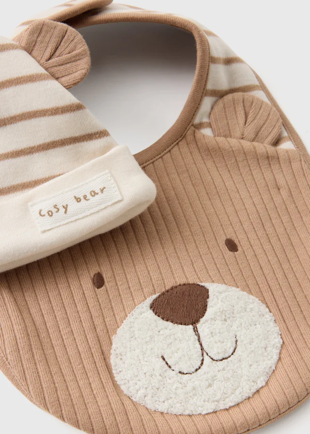 Baby Beige Bear Hat & Bib Set (0-6mths)