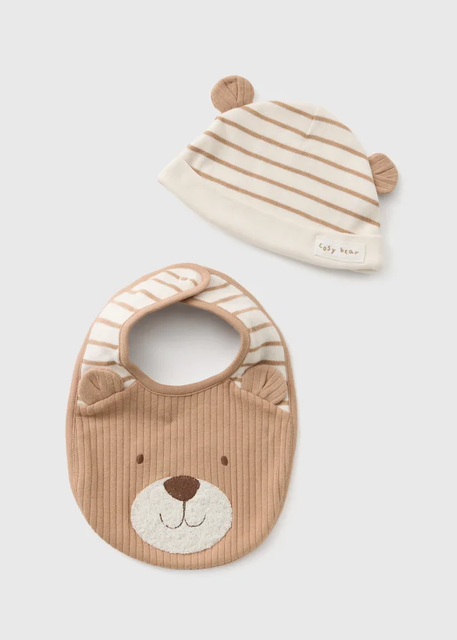 Baby Beige Bear Hat & Bib Set (0-6mths)