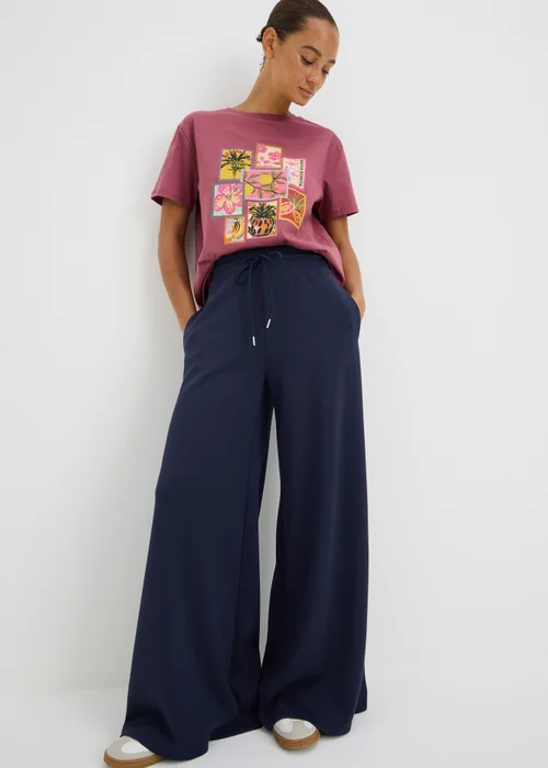 Navy Scuba Wide Leg Co Ord Trousers - 10/L31 Image 1