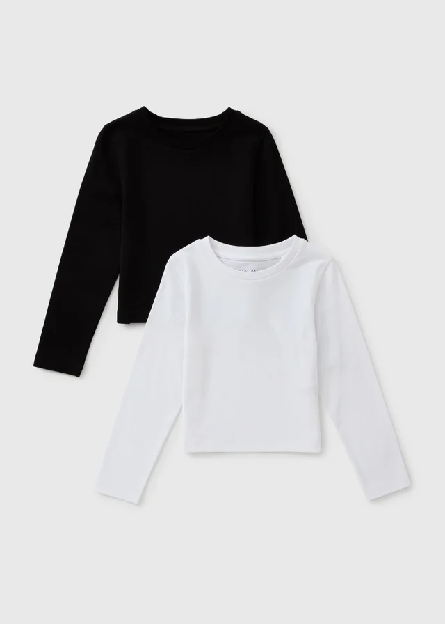 2 Pack Girls Black & White Long Sleeve T-Shirts (7-15yrs)