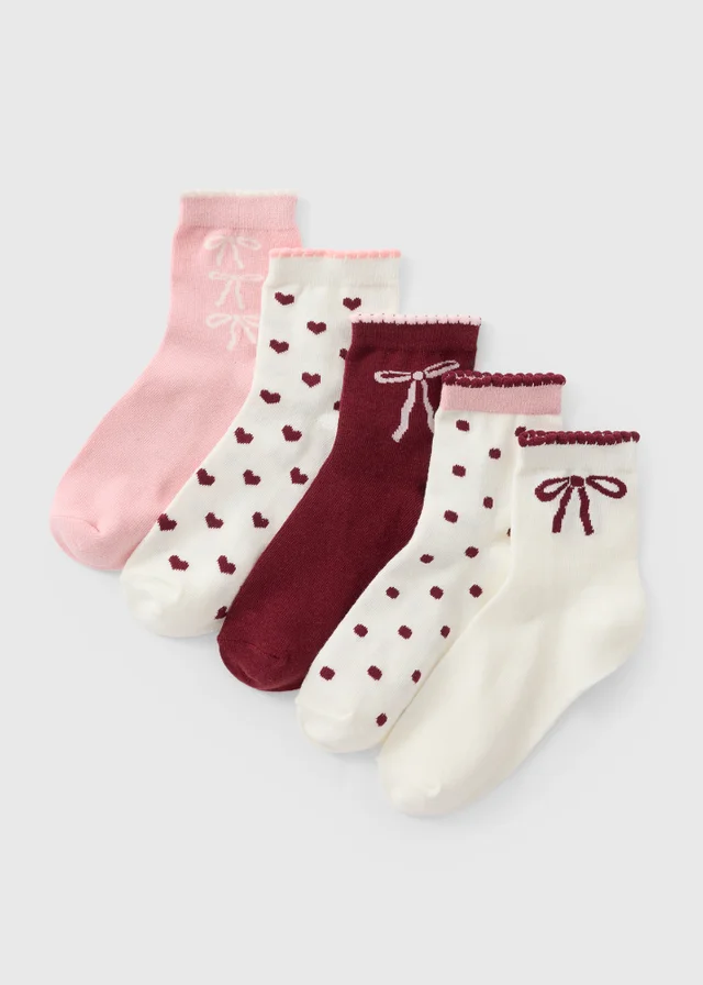 5 Pack Girls Burgundy Bow Ankle Socks (Younger 6-Older 6.5)