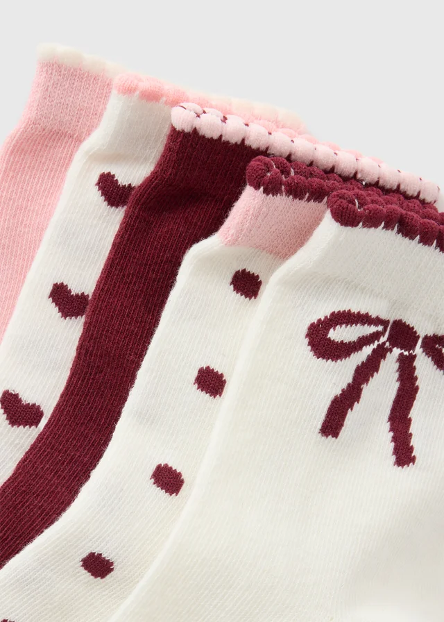 5 Pack Girls Burgundy Bow Ankle Socks (Younger 6-Older 6.5)