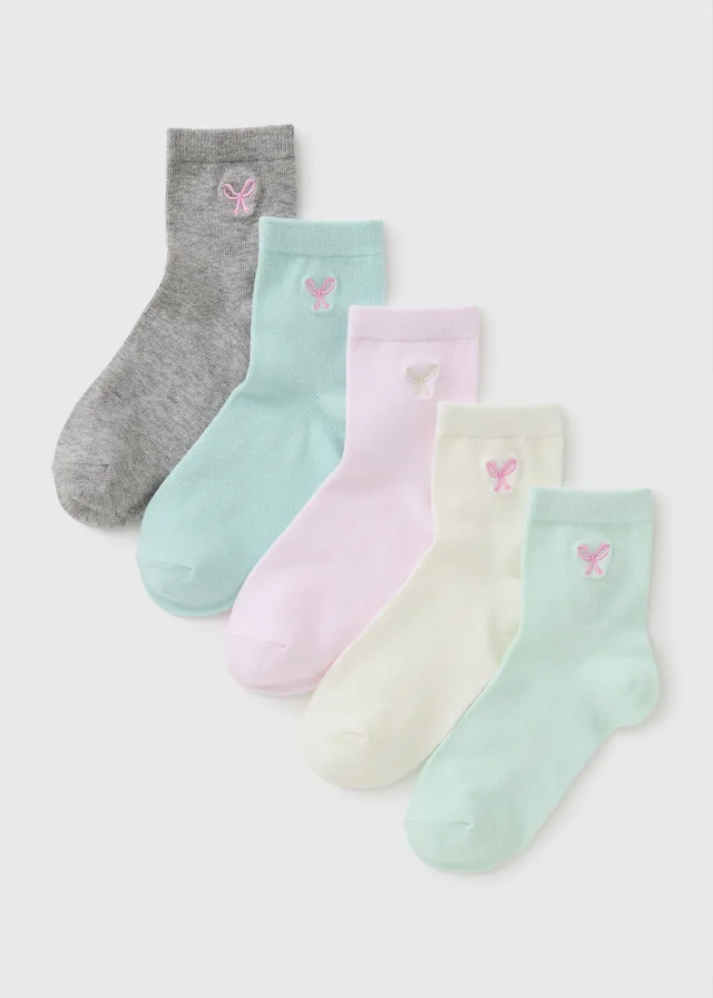 5 Pack Girls Pastel Bow Ankle Socks (Younger 6-Older 6.5)