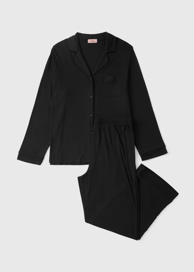 Black Cosy Ribbed Traditional Pyjama Set