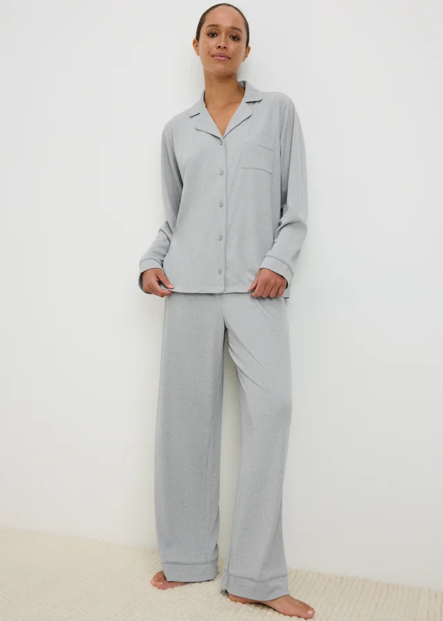Grey Ribbed Button Up Pyjama Set
