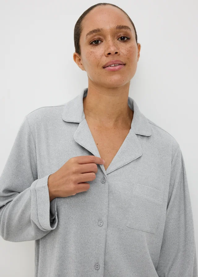 Grey Ribbed Button Up Pyjama Set
