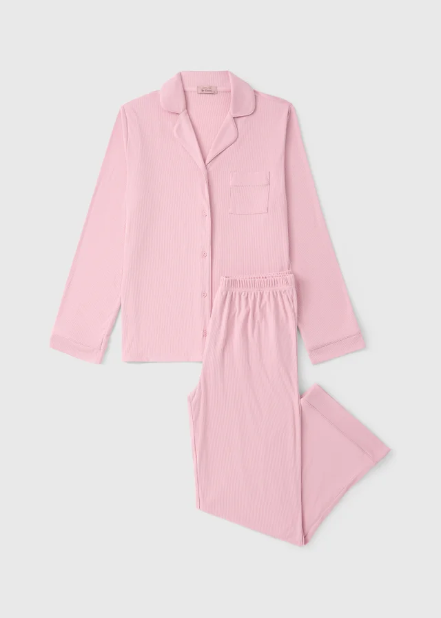 Pink Cosy Ribbed Traditional Pyjama Set