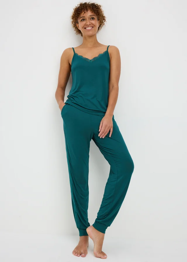 Teal Satin Cuffed Pyjama Jogging Bottoms
