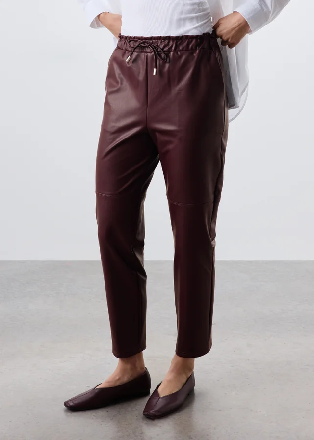 Burgundy Tapered Faux Leather Trousers