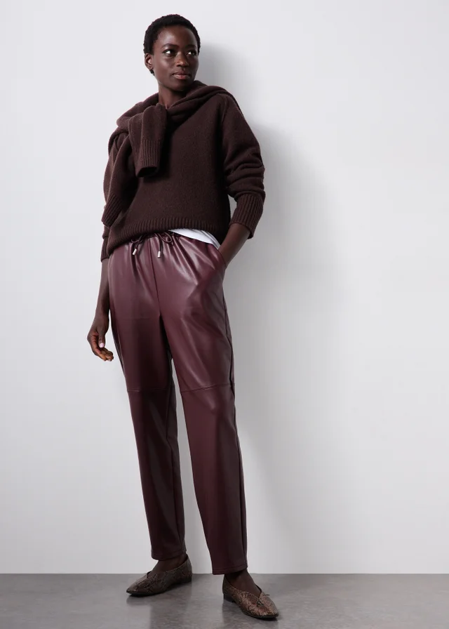 Burgundy Tapered Faux Leather Trousers