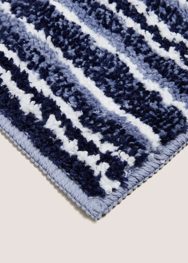 Blue Tufted Striped Bath Mat