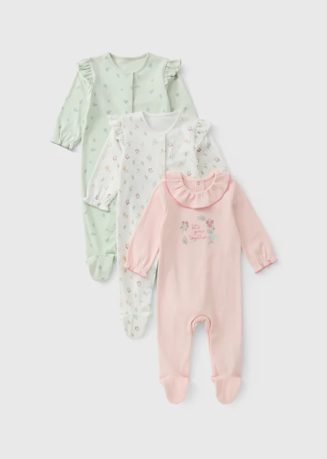 2 Pack Baby Multicolour Pretty Floral Sleepsuits (0-23mths)