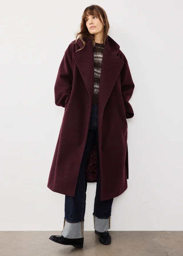 Burgundy Longline Belted Wrap Coat