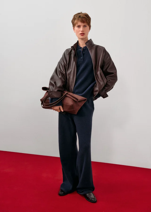 Brown Faux Leather Bomber Jacket