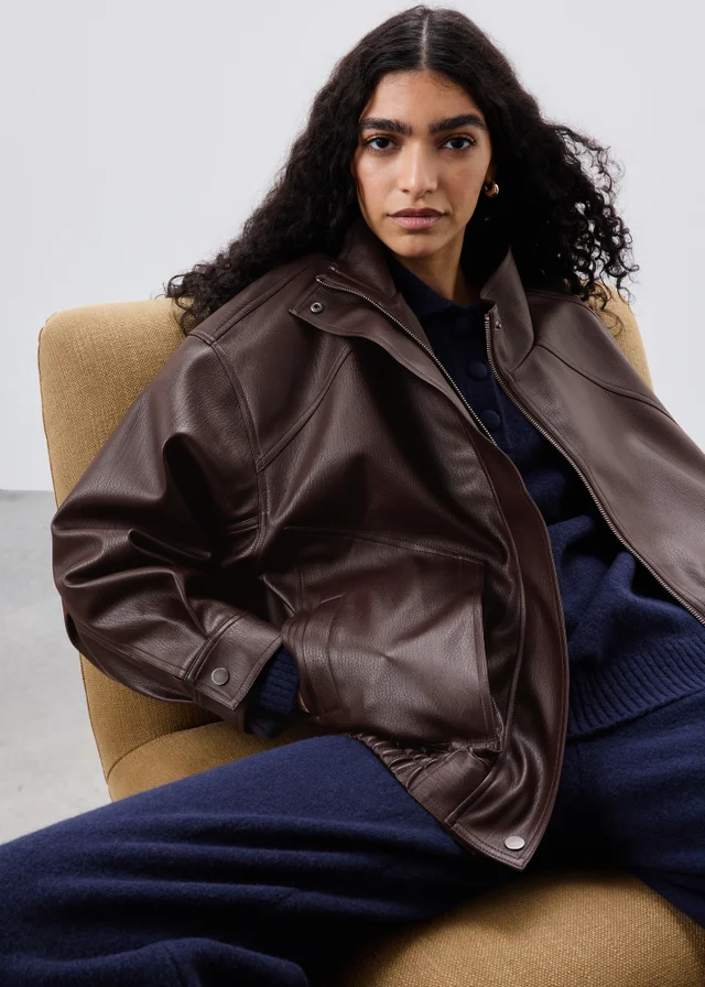 Brown Faux Leather Bomber Jacket