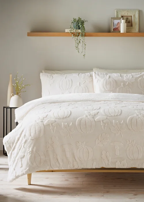 Cream Pumpkin & Leaf Embossed Faux Fur Duvet Set - Single Image 1