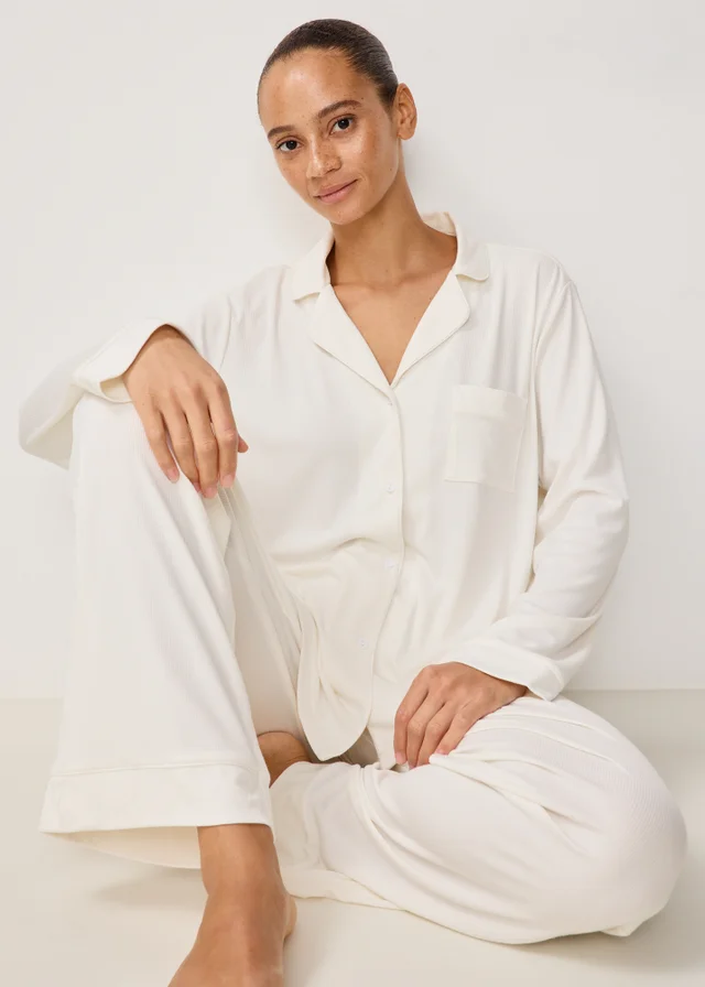Cream Ribbed Traditional Longline Pyjamas