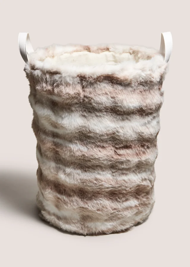 Beige Faux Fur Laundry Basket