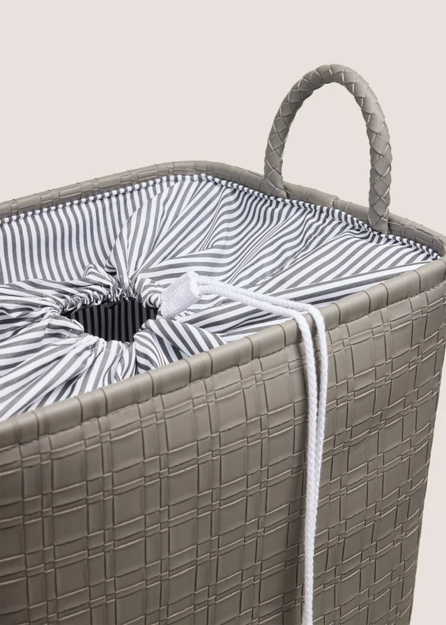 Faux Leather Grey Weave Laundry Basket